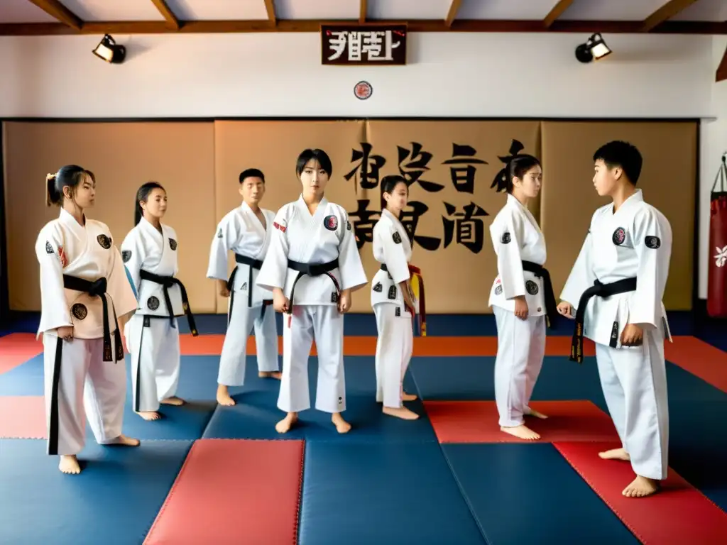 Grupo de estudiantes avanzados de Taekwondo ejecutando formas sincronizadas con precisión en un dojo tradicional