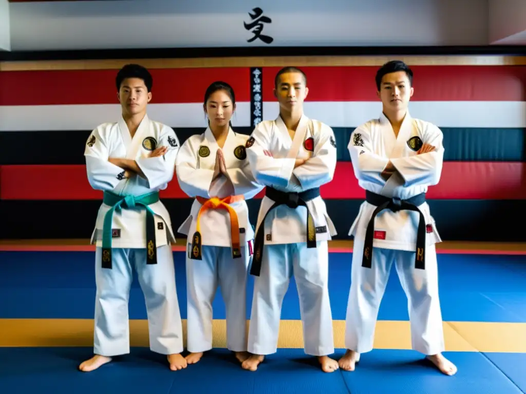 Grupo de estudiantes de karate en gi blanco y cinturones coloridos, en el dojo con kanji y el sensei, creando una atmósfera de disciplina y respeto