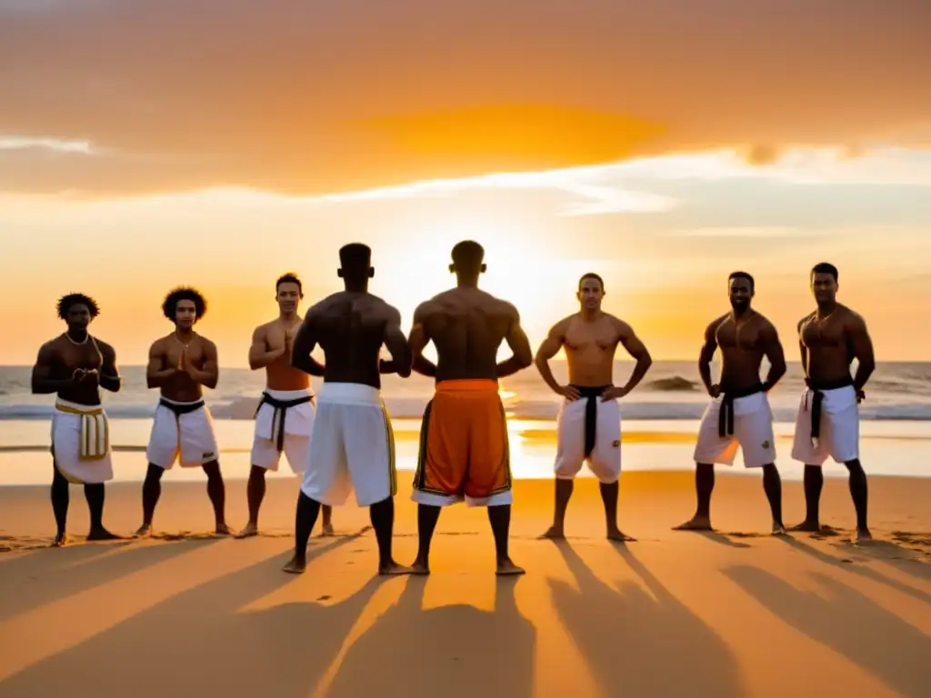 Un grupo de estudiantes diversos practica capoeira afrobrasileña en la playa al atardecer, transmitiendo energía y comunidad