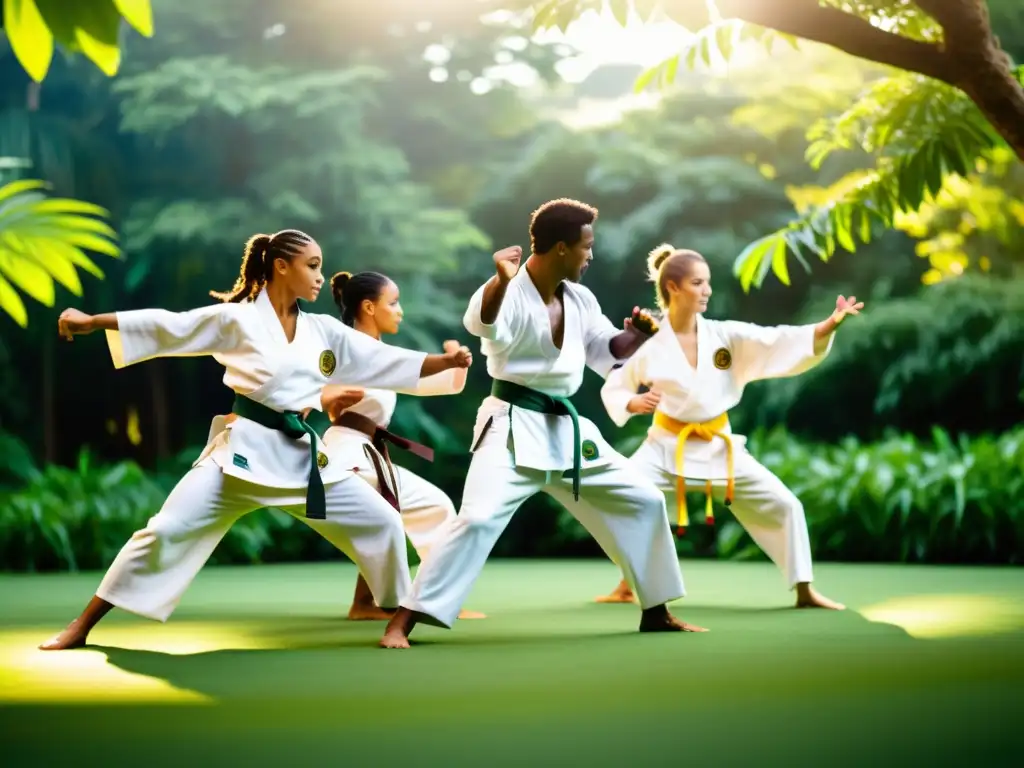 Un grupo de estudiantes de capoeira practicando en un entorno vibrante y soleado al aire libre, rodeado de exuberante vegetación