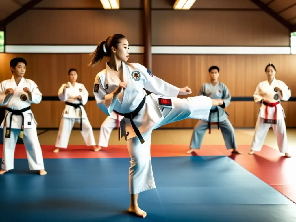 Un grupo de estudiantes concentrados ejecutan movimientos precisos en un dojo amplio y luminoso