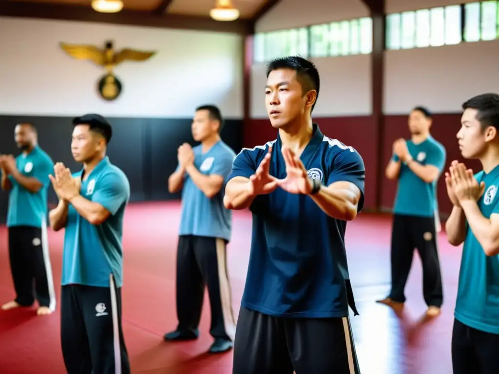 Grupo de estudiantes concentrados aprendiendo técnicas de Wing Chun en un estudio tradicional de artes marciales