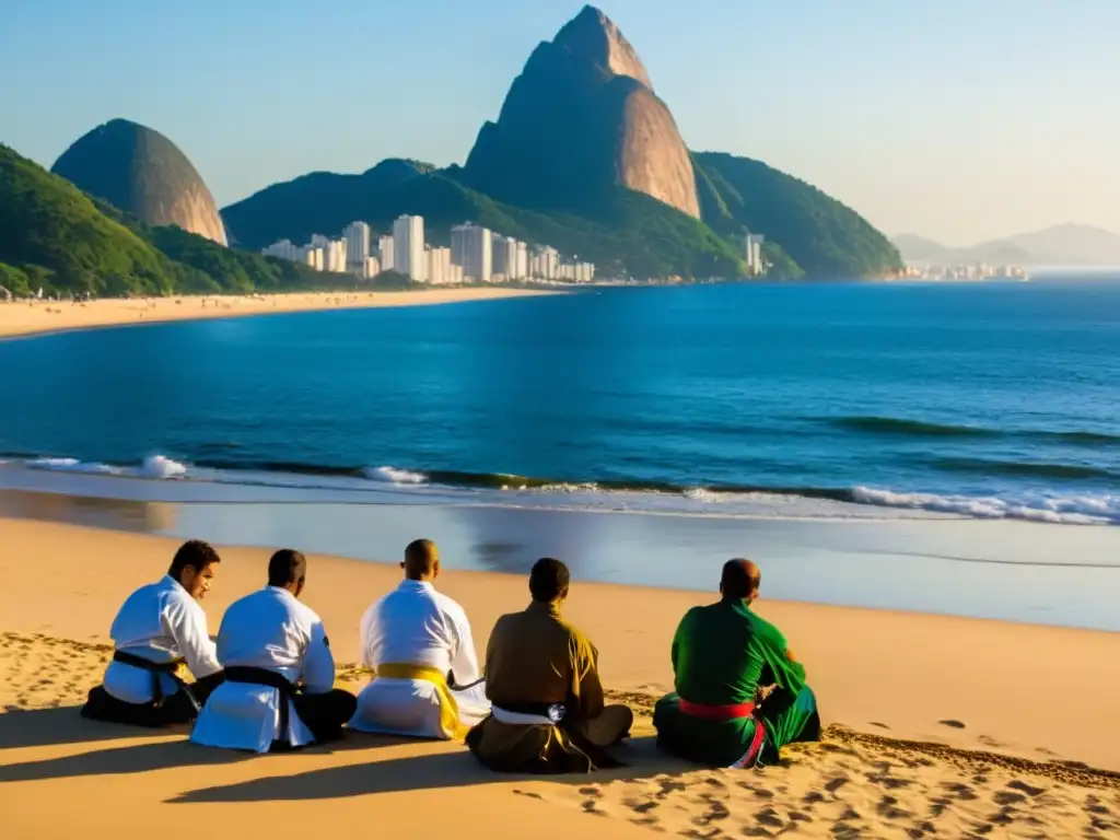 Un grupo de estudiantes dedicados de JiuJitsu practica en las doradas arenas de Río de Janeiro, con la icónica montaña del Pan de Azúcar en el fondo