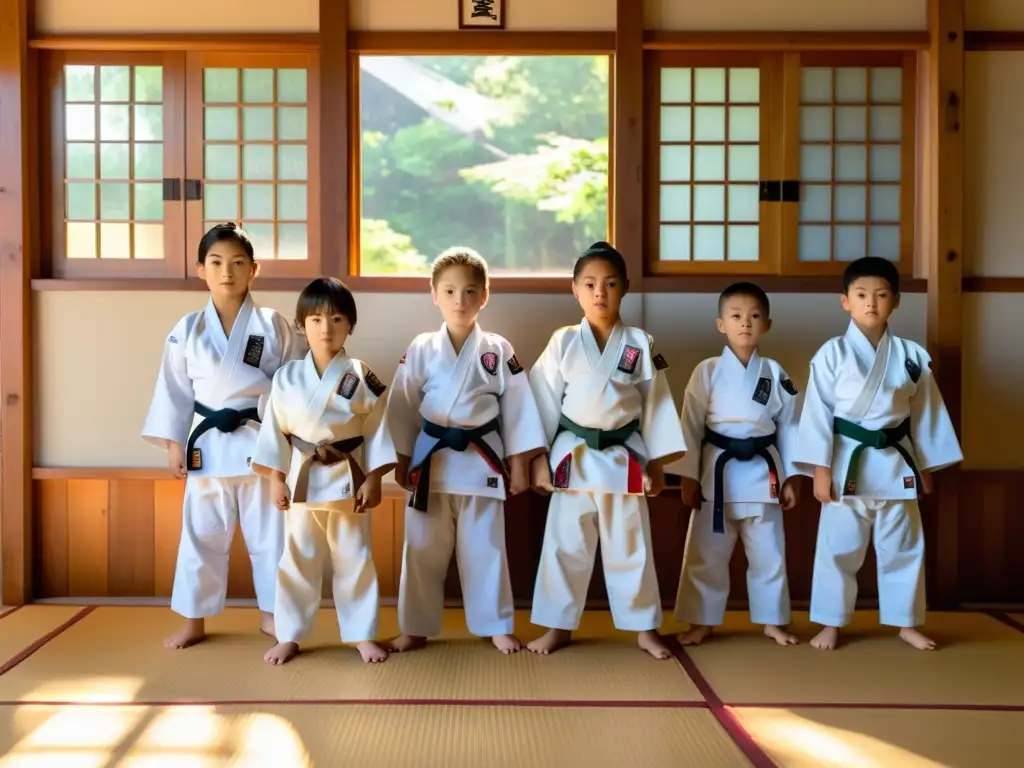 Grupo de estudiantes disciplinados en un dojo tradicional, reflejando la importancia del judo en la educación