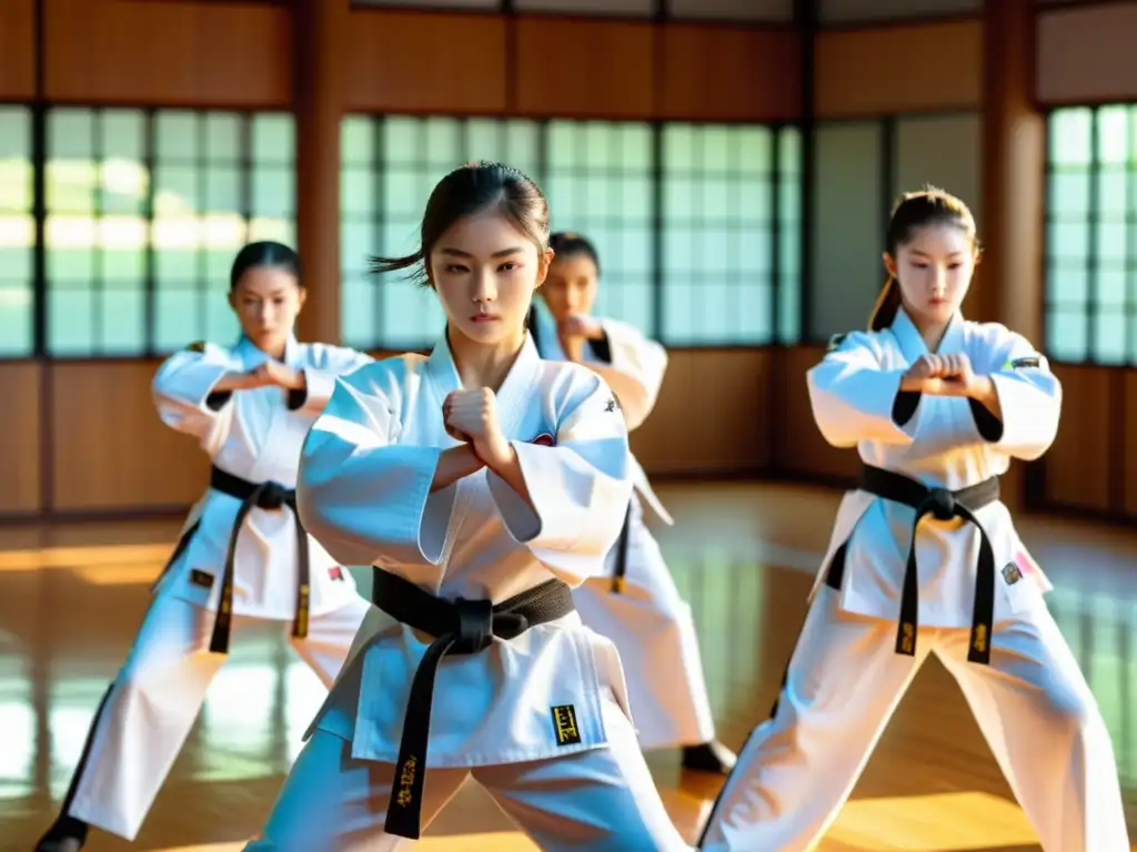 Un grupo de estudiantes disciplinados en uniformes blancos de taekwondo muestra su determinación con un poderoso golpe en el aire