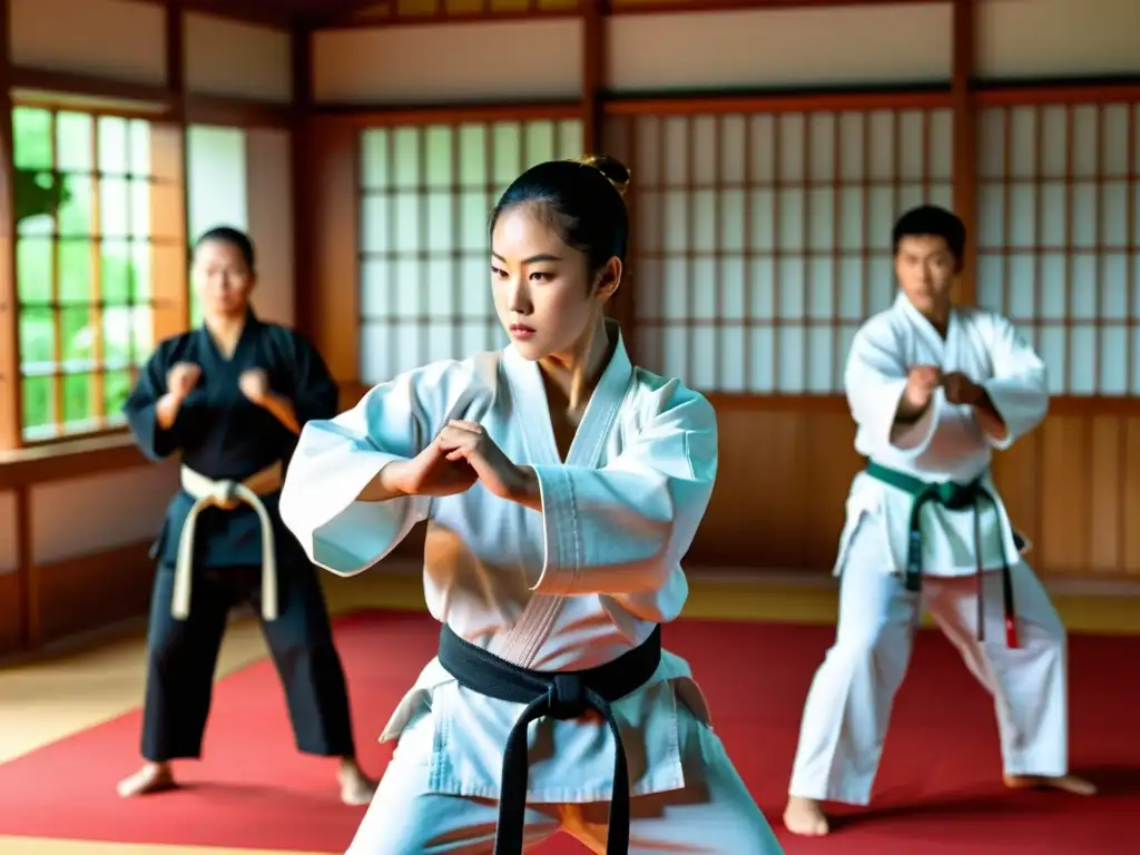 Un grupo de estudiantes practica karate en un dojo tradicional de Okinawa, mostrando disciplina y dedicación