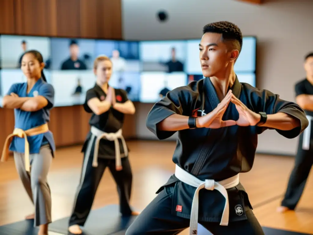 Grupo de estudiantes enfocados practicando artes marciales online, demostrando beneficios de entrenamiento virtual