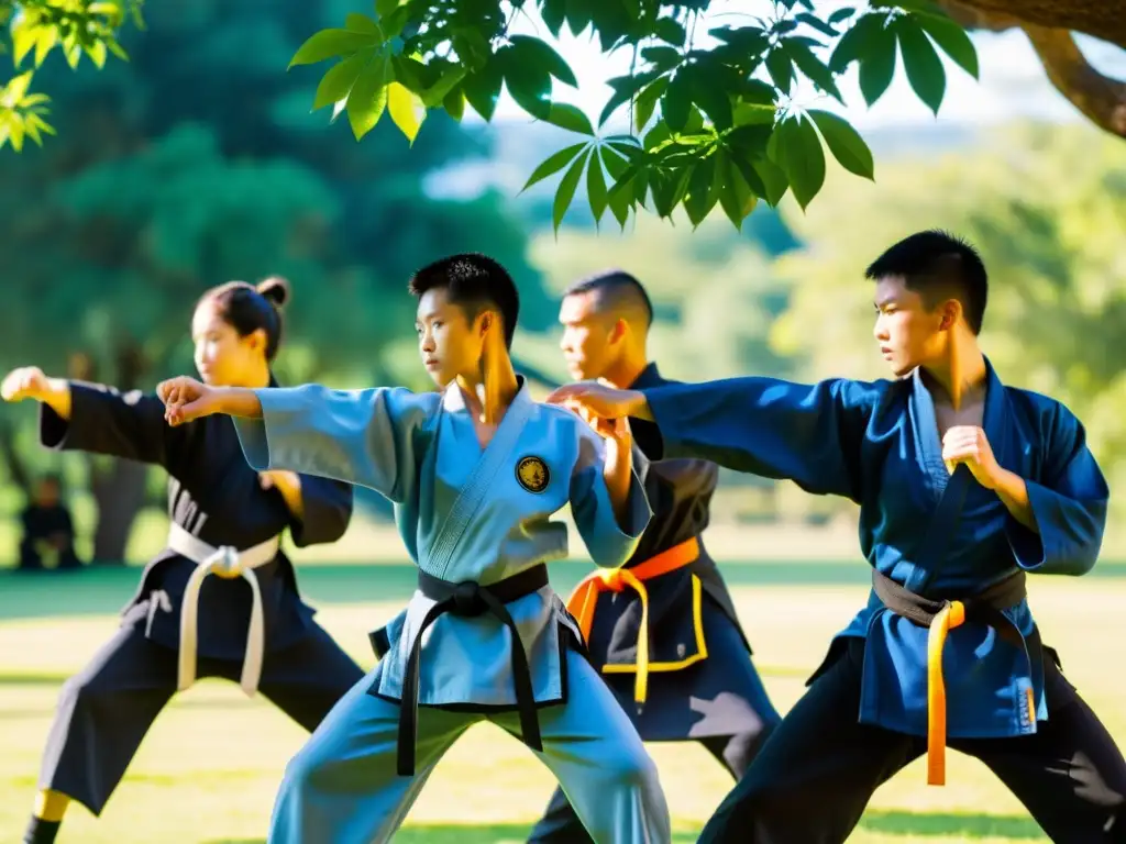 Un grupo de estudiantes practicando Jeet Kune Do en un entorno natural tranquilo