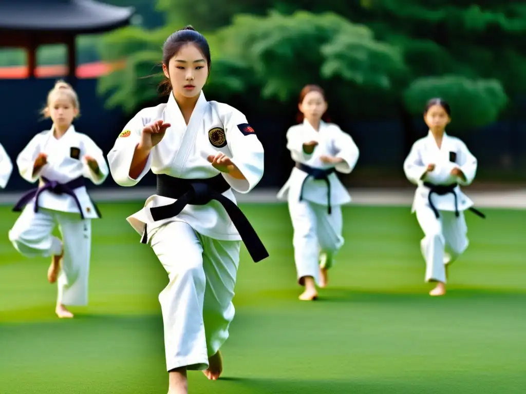 Grupo de jóvenes estudiantes practicando Hapkido en formación disciplinada al aire libre