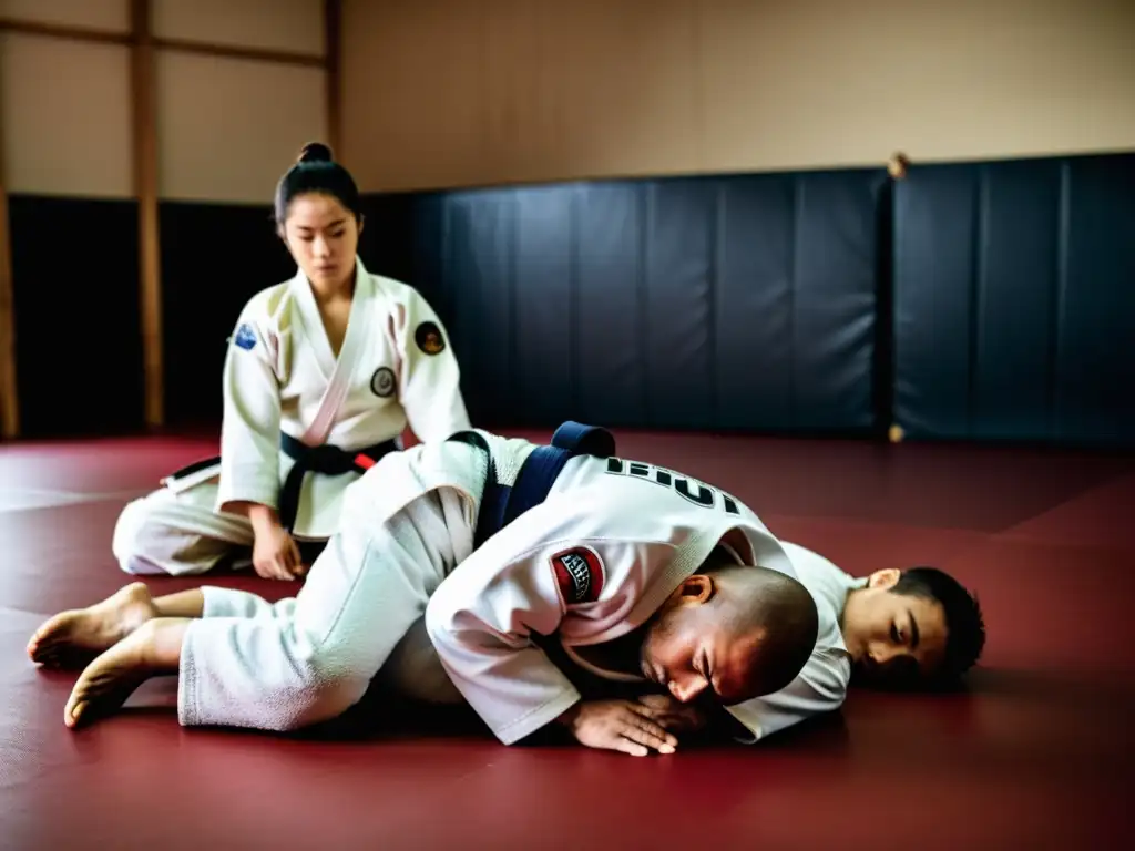 Grupo de estudiantes de jiu jitsu practicando con intensidad en un dojo tradicional, destacando la técnica y la dedicación