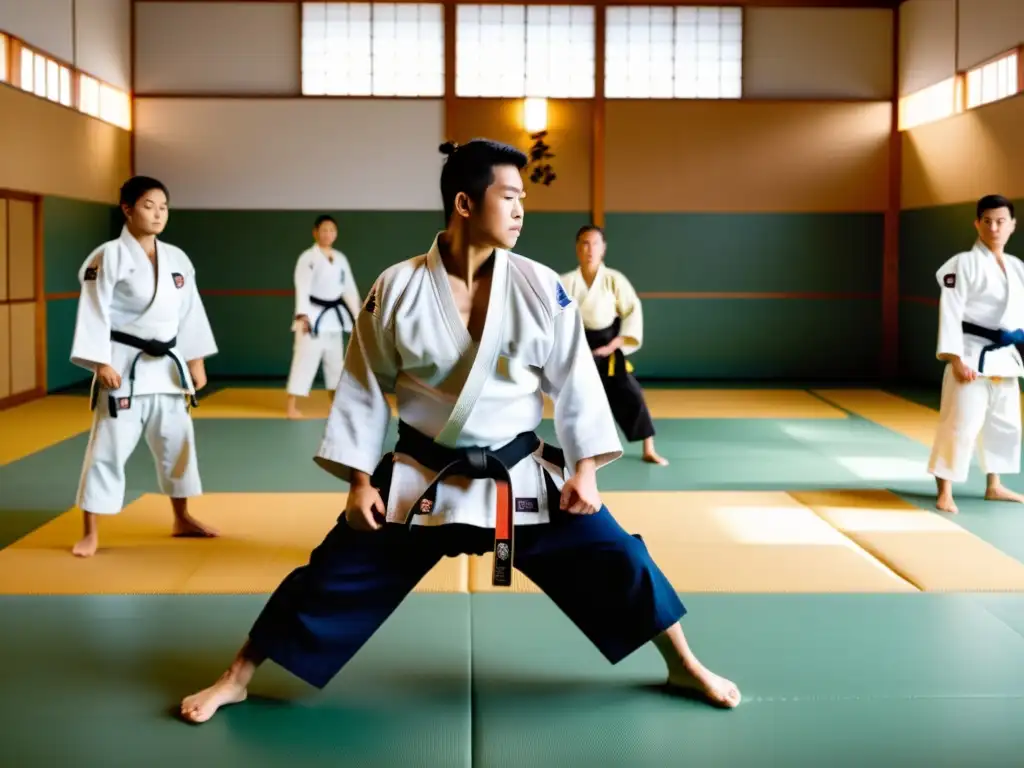 Grupo de estudiantes de judo en un dojo soleado, mostrando gracia y disciplina en el arte marcial