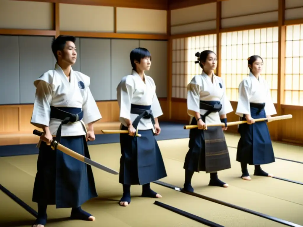 Un grupo de estudiantes de kendo con uniformes tradicionales blancos y equipo protector, listos para practicar