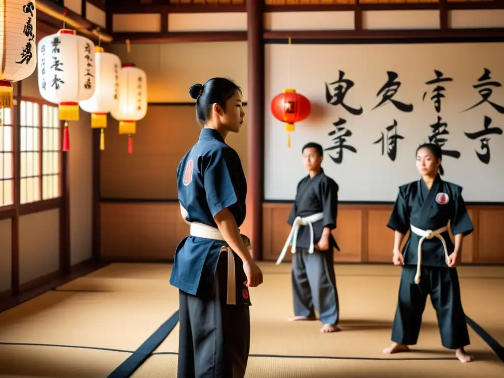 Grupo de estudiantes practicando movimientos precisos en un dojo de artes marciales, reflejando la disciplina y filosofía de la práctica