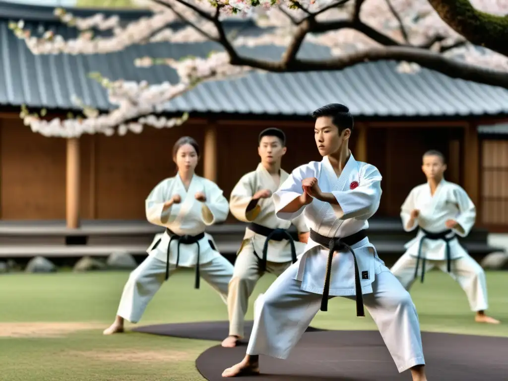 Grupo de estudiantes de karate realizando movimientos precisos en un dojo japonés tradicional rodeado de naturaleza