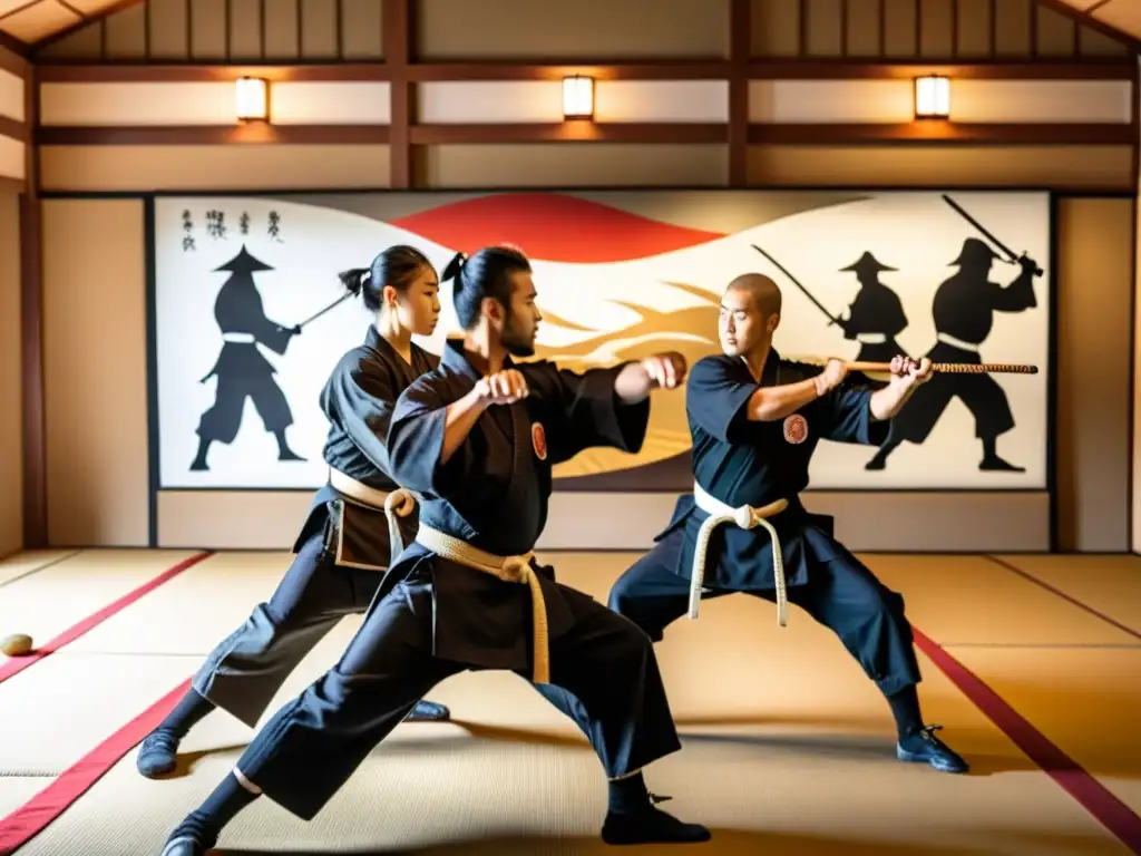 Un grupo de estudiantes de ninjutsu practica en un dojo japonés tradicional con su sensei demostrando técnicas frente a un mural histórico