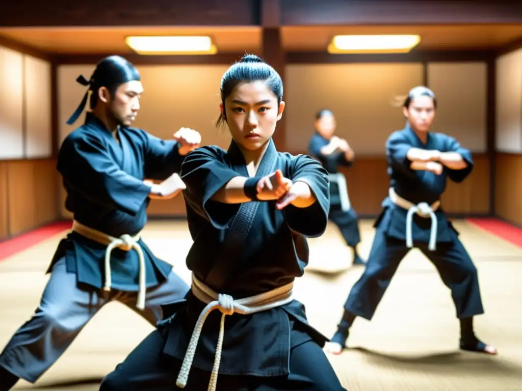 Un grupo de estudiantes de ninjutsu practican técnicas marciales en un dojo con atmósfera de disciplina y dedicación