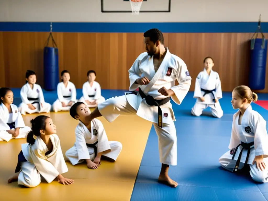 Grupo de estudiantes de primaria practicando judo en un gimnasio, demostrando disciplina y respeto