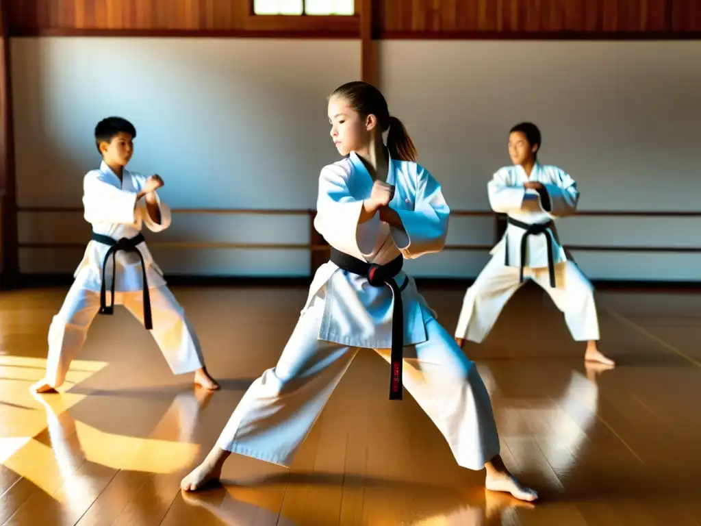 Grupo de estudiantes de karate principiantes ejecutando movimientos con disciplina en un dojo soleado, mientras el sensei les brinda consejos y apoyo