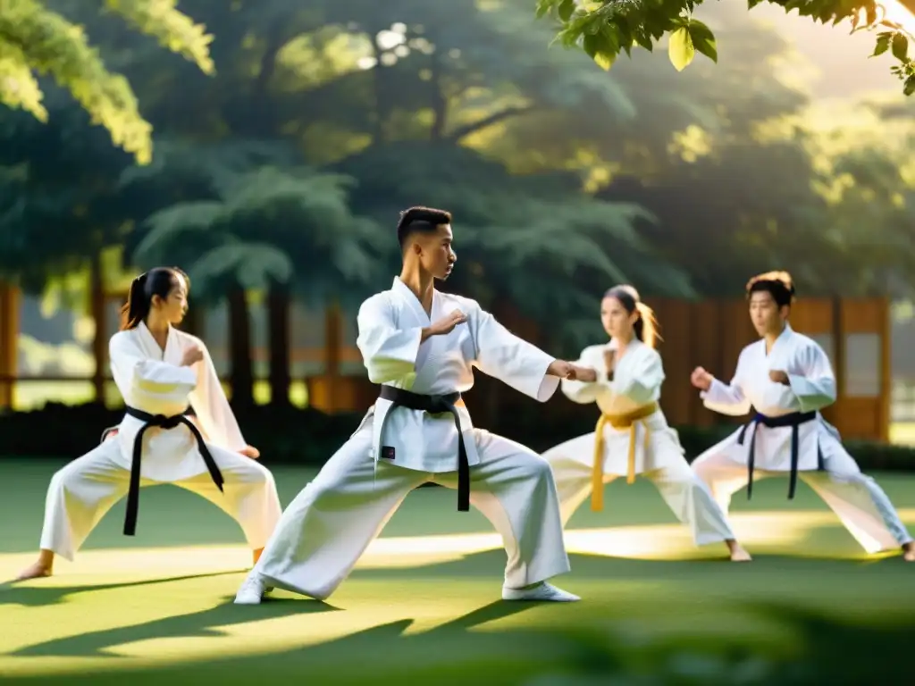 Un grupo de estudiantes practica Taekwondo al aire libre al atardecer, en armonía con la naturaleza, aplicando mindfulness al Taekwondo