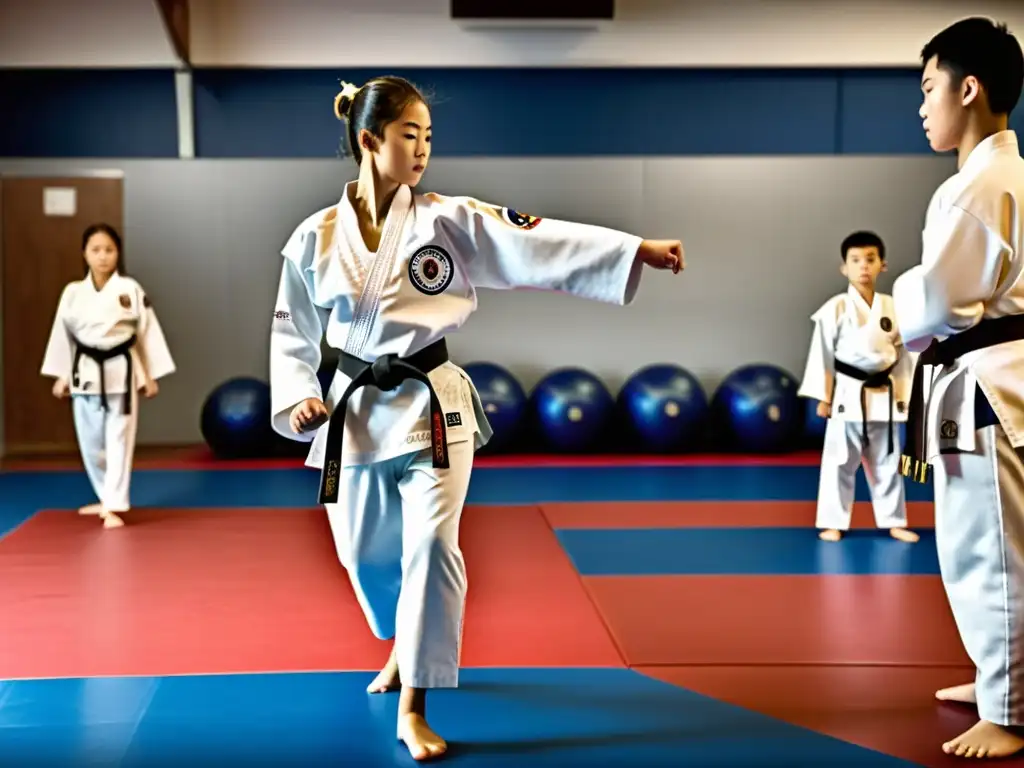 Grupo de jóvenes estudiantes practicando Taekwondo en un dojo espacioso y luminoso, mostrando disciplina y determinación