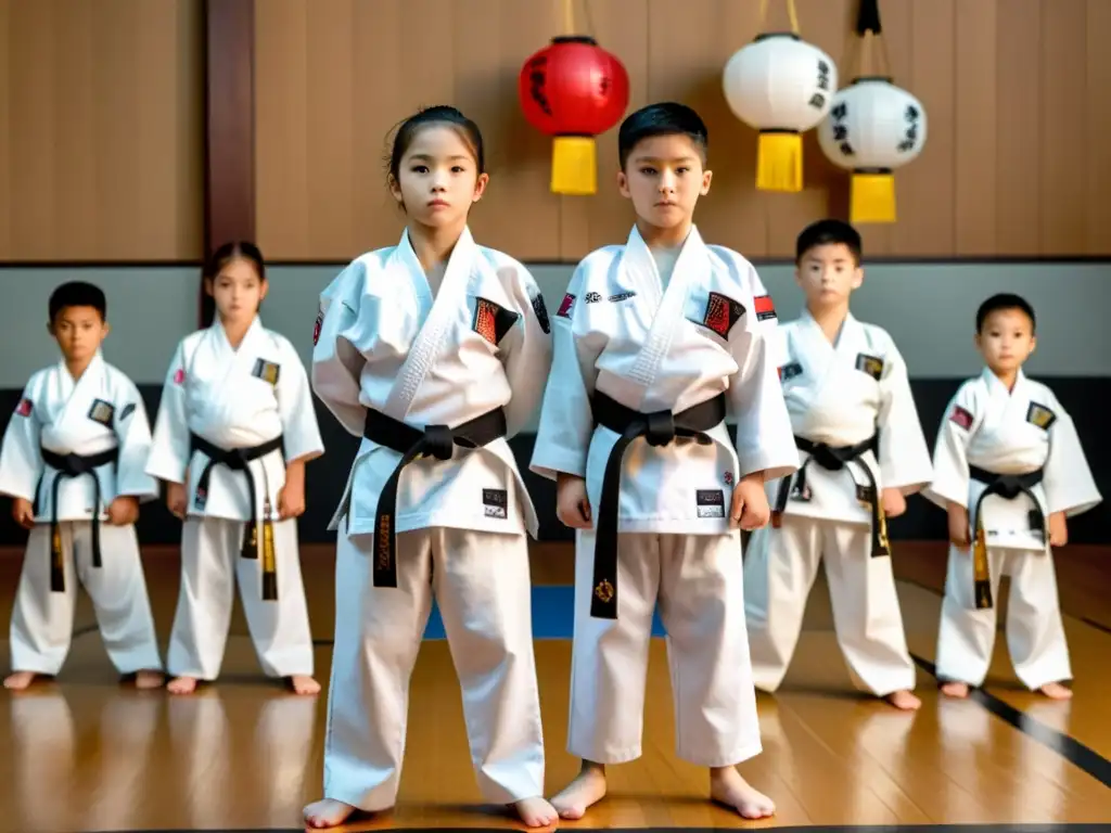 Un grupo de jóvenes estudiantes de taekwondo en formación, con expresiones enfocadas y determinadas, realizando movimientos precisos