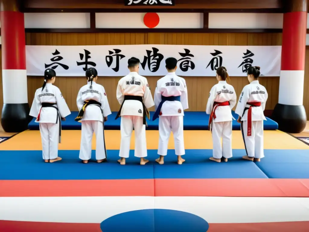 Un grupo de estudiantes de Taekwondo en formación, reflejando el origen y evolución del Taekwondo con respeto y disciplina en un dojang tradicional