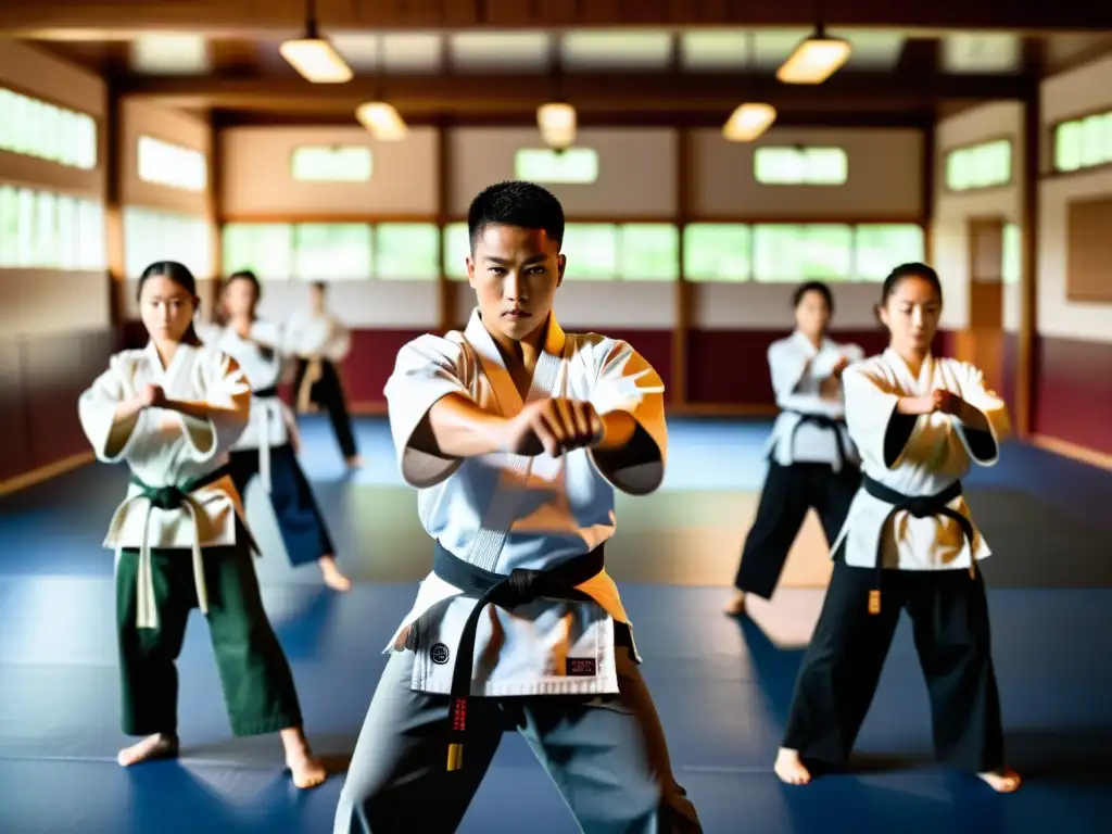 Grupo de estudiantes practicando técnicas en un dojo de artes marciales, transmitiendo disciplina y determinación