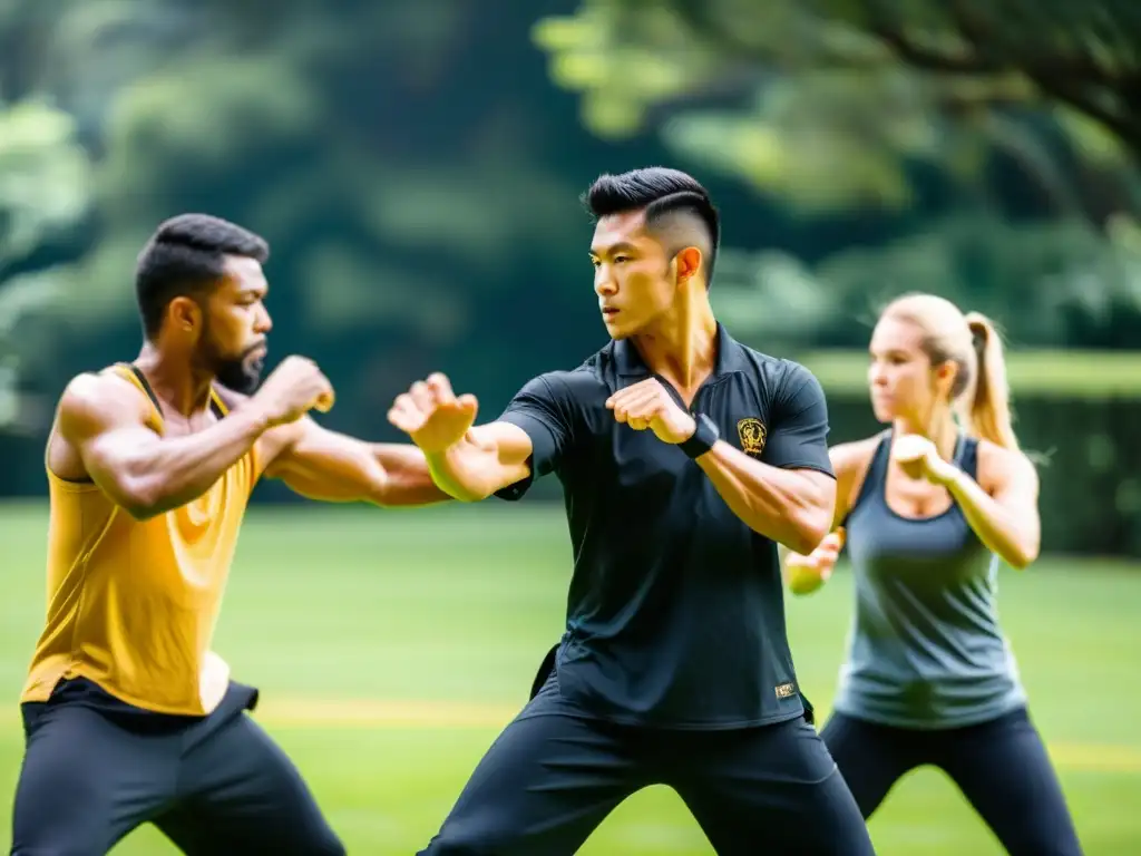 Un grupo de estudiantes practicando técnicas de Jeet Kune Do en un entorno natural, con un instructor experto