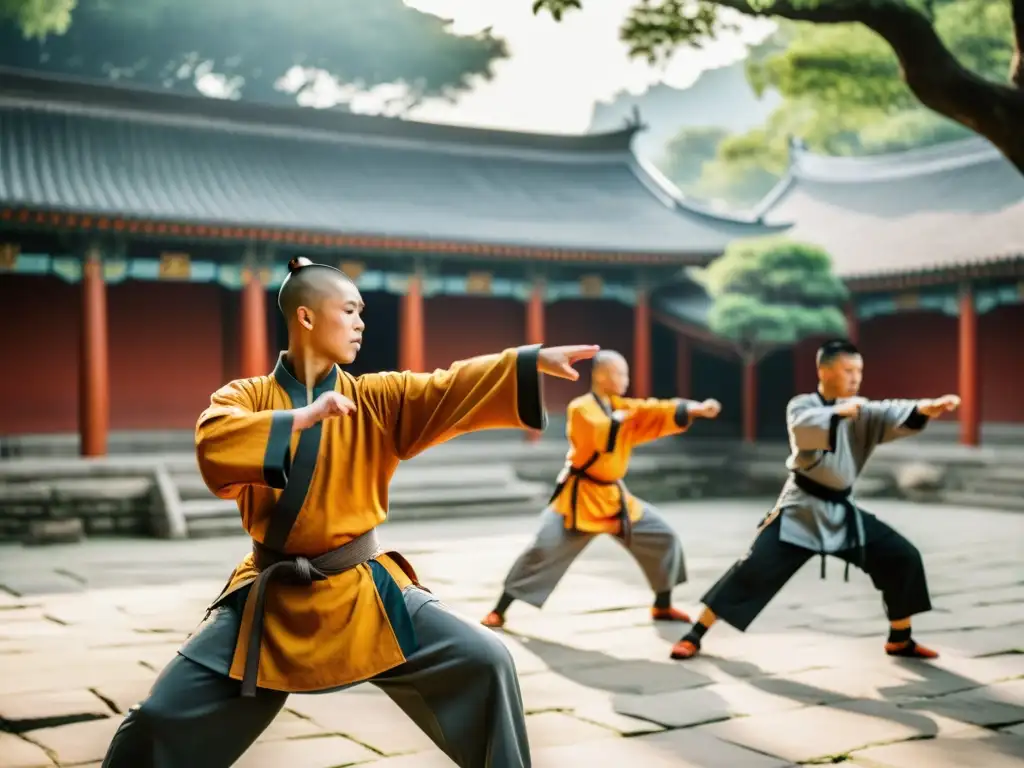 Grupo de estudiantes de Kung Fu Shaolin practicando en el templo, inmersos en su disciplina y rodeados de naturaleza exuberante