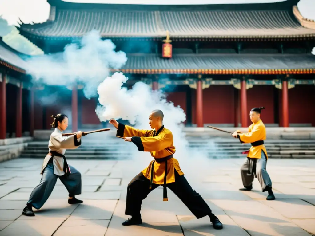 Un grupo de estudiantes practica Kung Fu en un templo Shaolin, mostrando disciplina y tradición