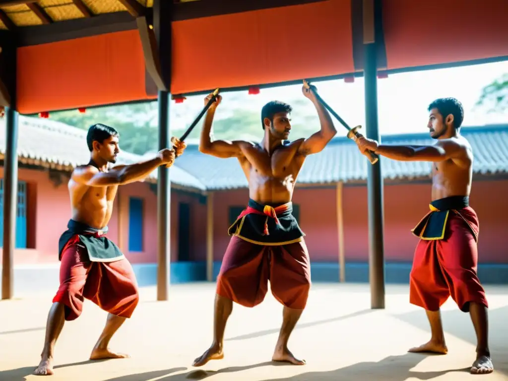 Grupo de estudiantes de Kalaripayattu en trajes tradicionales realizando movimientos sincronizados y expresiones enfocadas en un patio soleado, destacando la fuerza y agilidad