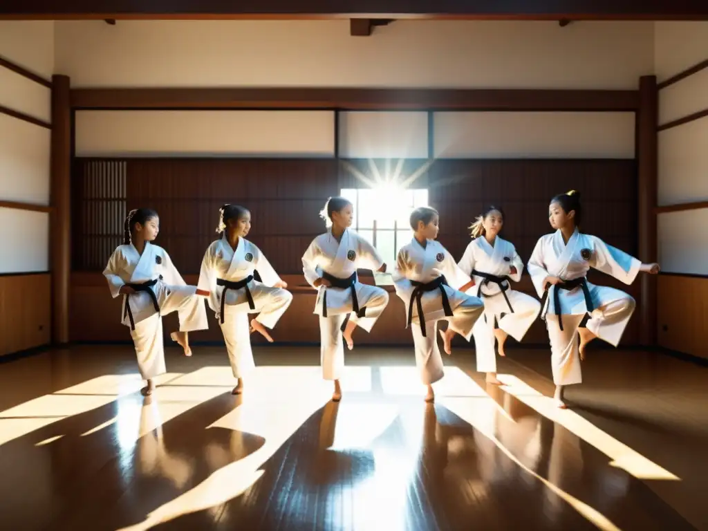 Un grupo de estudiantes de karate, con uniformes blancos y cinturones negros, realizando patadas sincronizadas en un círculo en el dojo, con la luz del sol creando sombras dramáticas en el suelo de madera