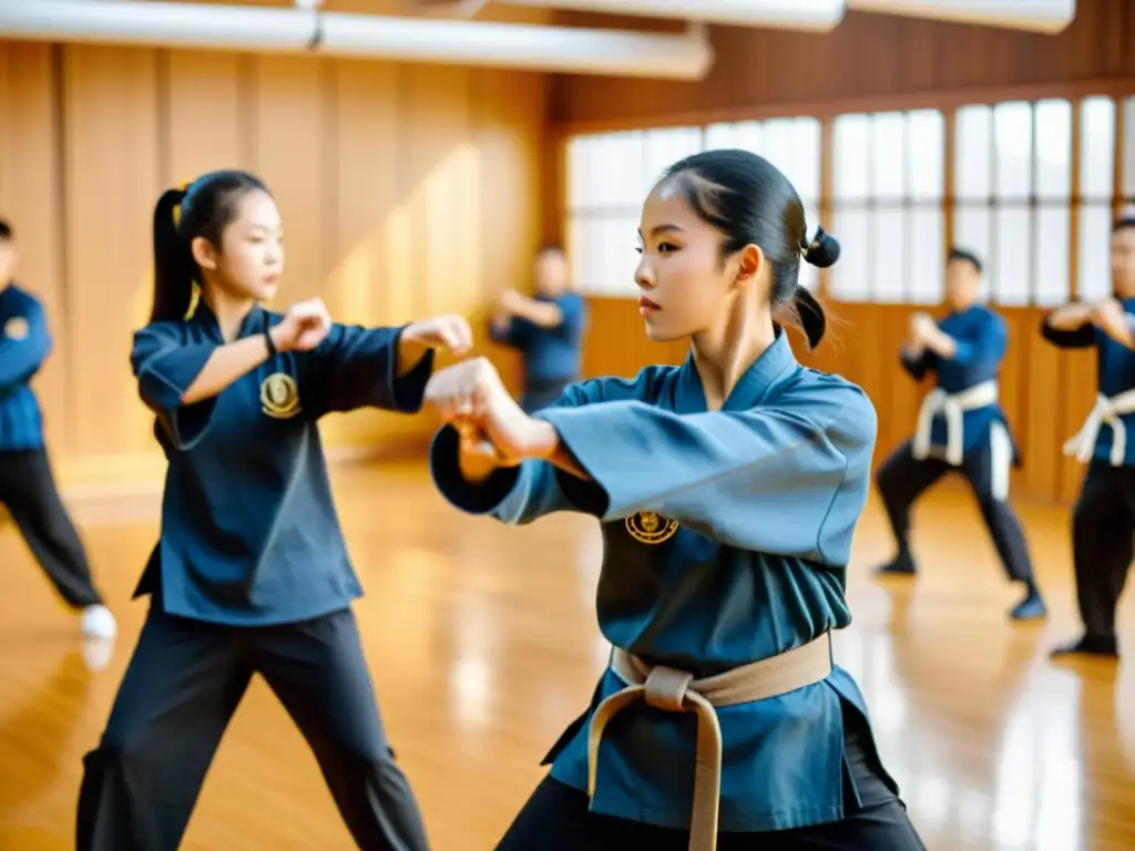 Grupo de estudiantes practicando Wing Chun en un estudio espacioso