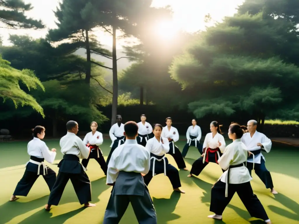Un grupo de expertos en artes marciales practica en un entorno sereno