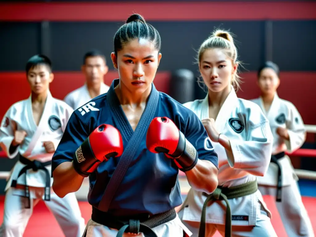 Un grupo de expertos en artes marciales con monitores cardíacos en una sesión intensa de entrenamiento y combate en un dojo tradicional