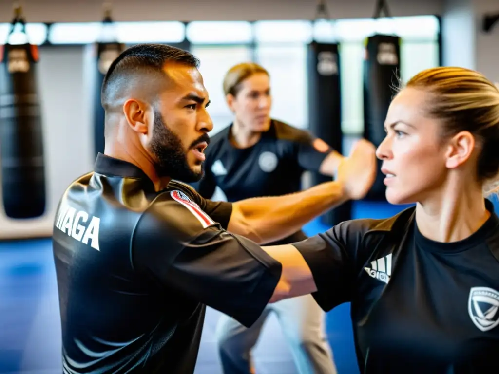 Grupo de expertos en Krav Magá demostrando técnicas defensivas con los mejores escudos de entrenamiento