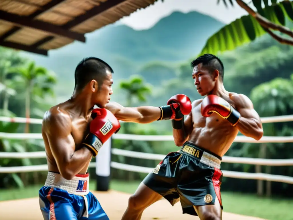 Un grupo de expertos en Muay Thai se entrena con determinación en un campamento en Tailandia, rodeados de exuberante naturaleza