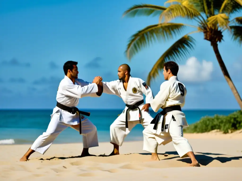 Un grupo de expertos practicantes de JiuJitsu en intensa sesión de entrenamiento en la playa, evocando la disciplina de los principales torneos internacionales de JiuJitsu