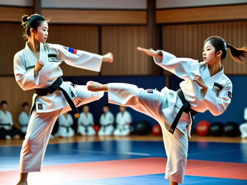 Un grupo de expertos en taekwondo realiza un intenso combate, demostrando su destreza y pasión