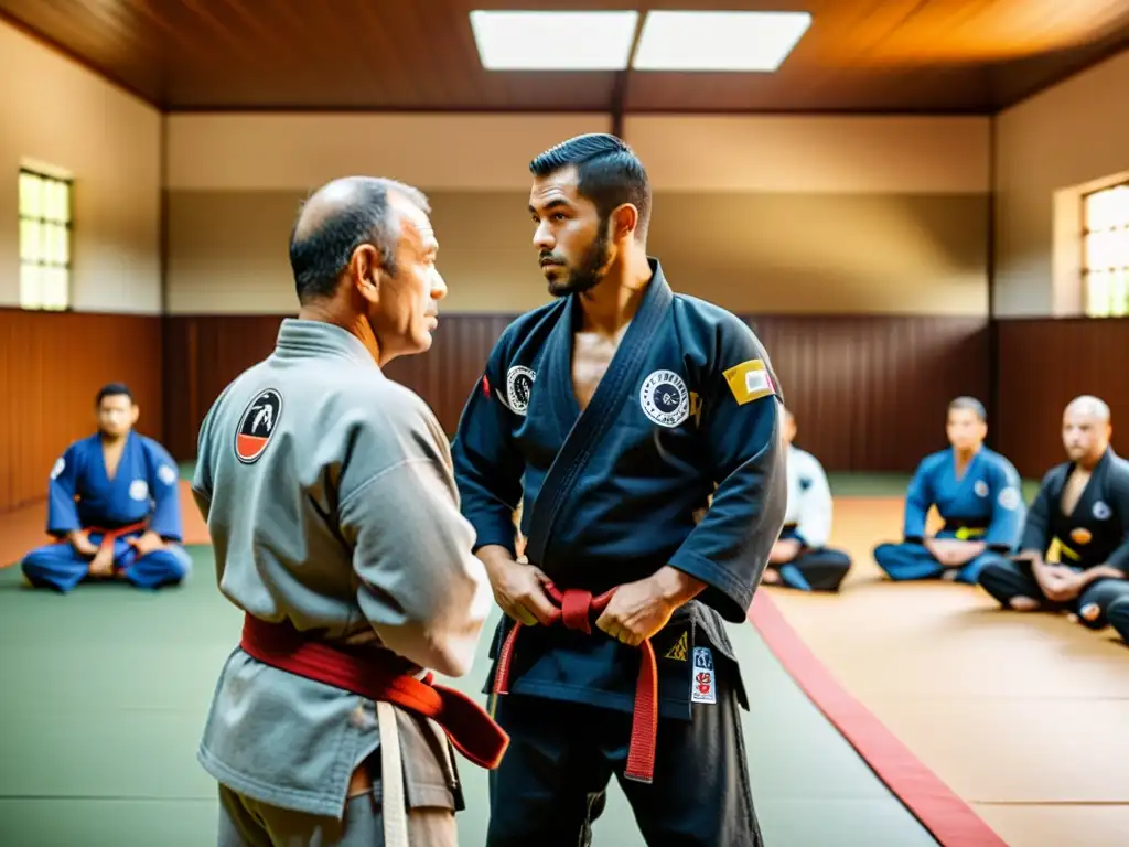 Un grupo de grandes maestros de Jiu-Jitsu Brasileño reunidos en un dojo tradicional, discutiendo técnicas y filosofía