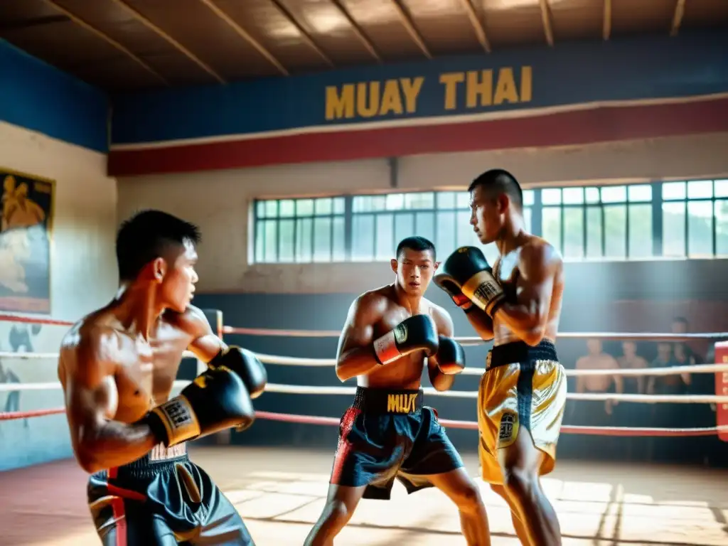 Grupo de grandes maestros Muay Thai entrenando en un gimnasio tradicional, exudando determinación y disciplina