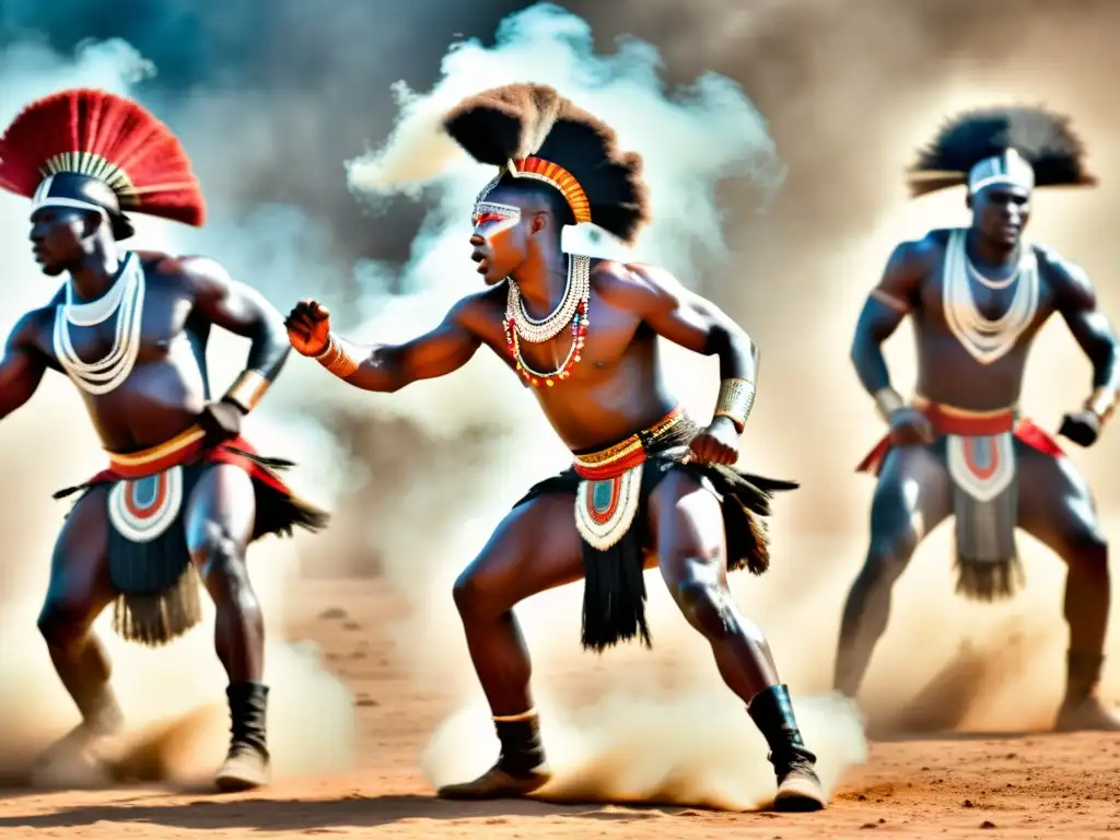 Grupo de guerreros africanos en atuendo tradicional realizando una danza guerrera dinámica, capturando los orígenes de las danzas guerreras africanas