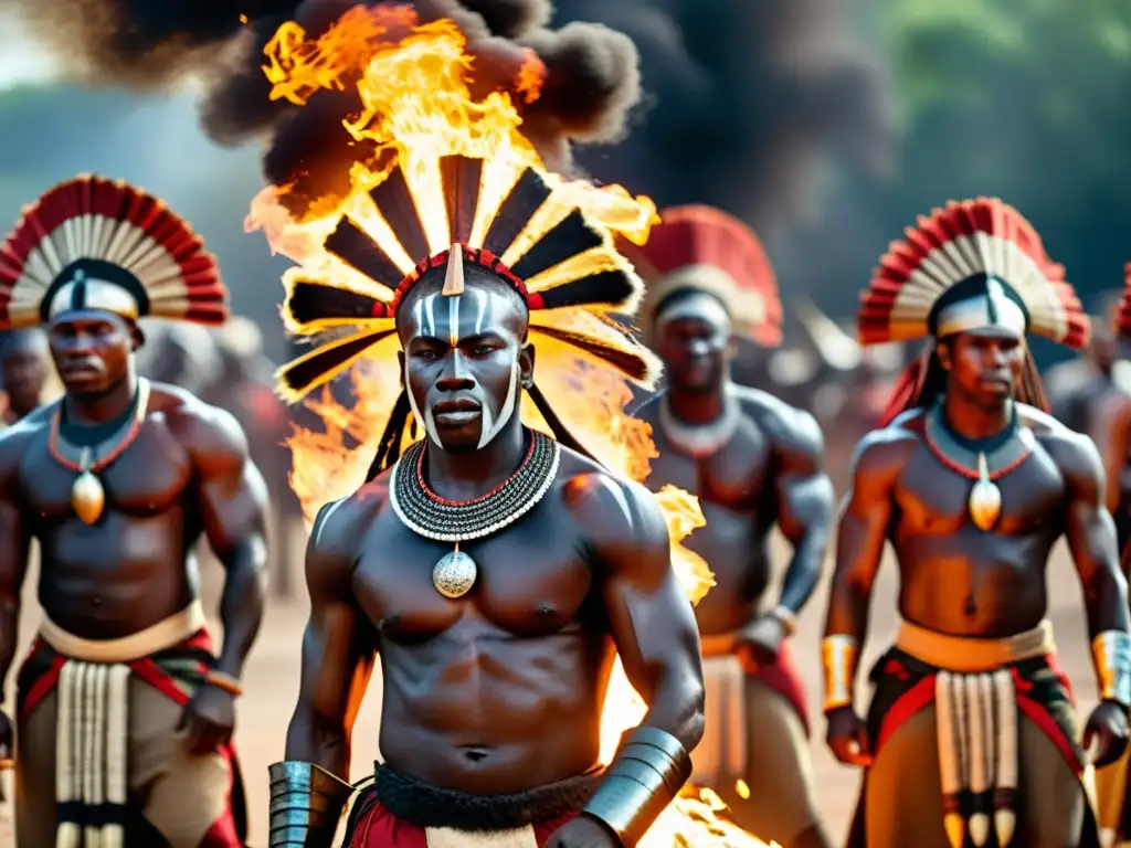 Grupo de guerreros africanos realizando danza guerrera alrededor del fuego