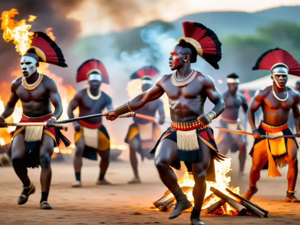 Un grupo de guerreros africanos danzando alrededor de una fogata, honrando los Orígenes de las danzas guerreras africanas con intensidad y orgullo