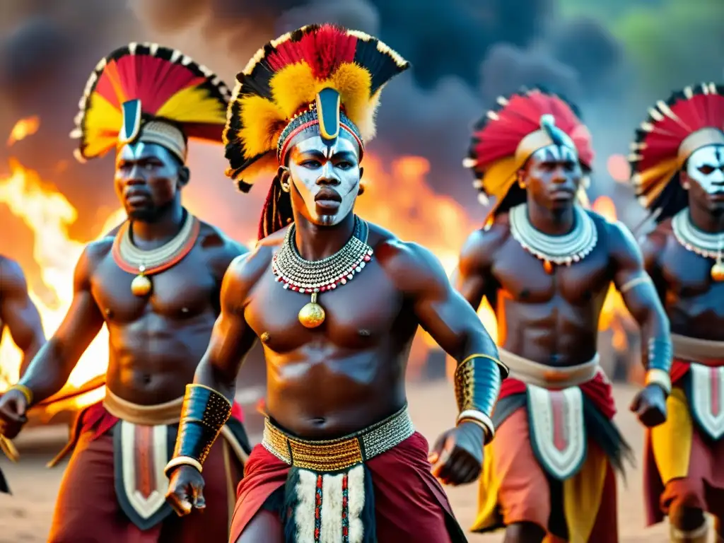 Grupo de guerreros africanos danzando alrededor de una fogata, mostrando orgullo cultural y destreza marcial