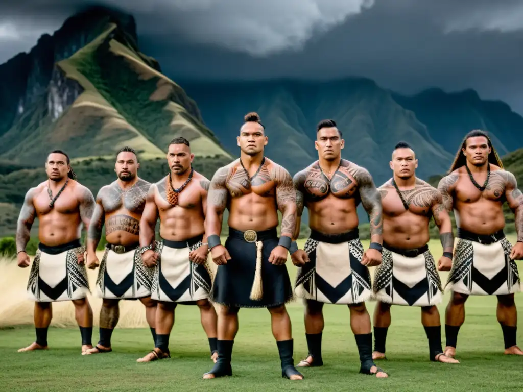 Grupo de guerreros maoríes realiza una poderosa haka, demostraciones maoríes artes marciales llenas de fuerza y tradición ancestral