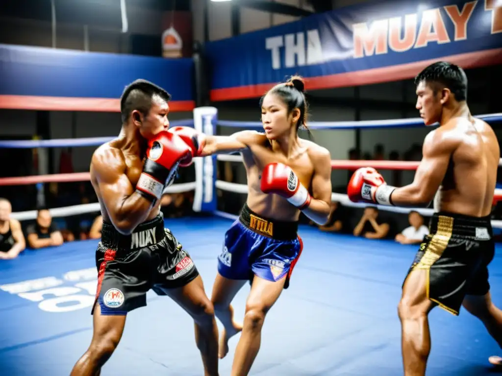 Un grupo de guerreros de Muay Thai entrenando con determinación y honor, en sintonía con los principios de la filosofía guerrera del Muay Thai