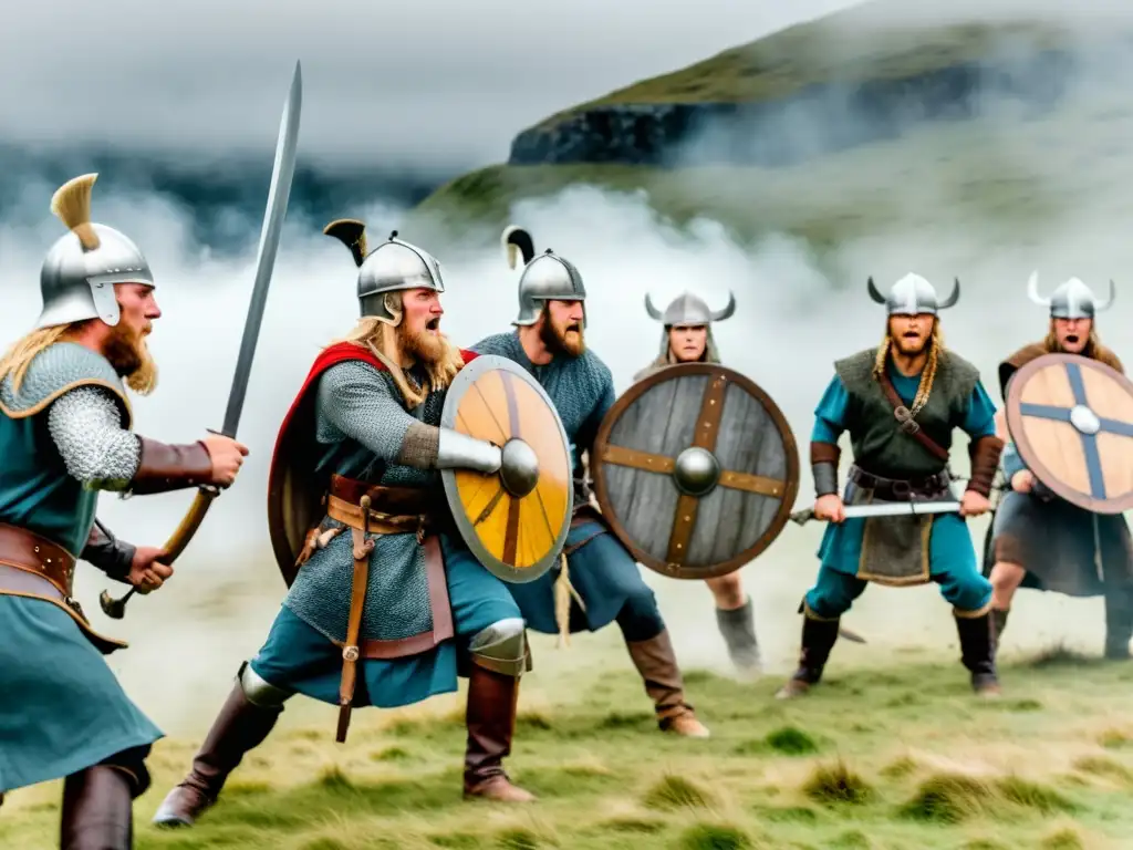 Un grupo de guerreros vikingos reencenando un intenso combate, con paisaje nórdico de fondo