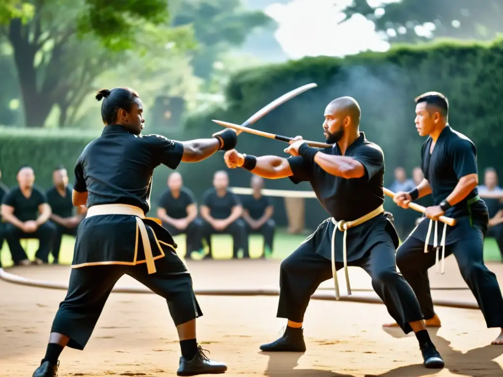 Un grupo de hábiles practicantes de Eskrima demuestran su destreza en un entorno tradicional al aire libre, con el sol proyectando una cálida luz sobre sus rostros concentrados