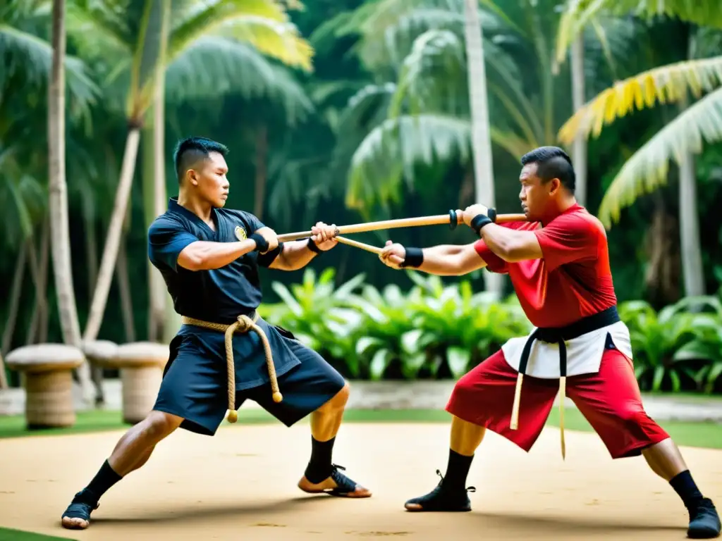 Un grupo de hábiles practicantes de Eskrima en Filipinas, vistiendo atuendos tradicionales y mostrando su destreza en el Arte del Eskrima en Filipinas